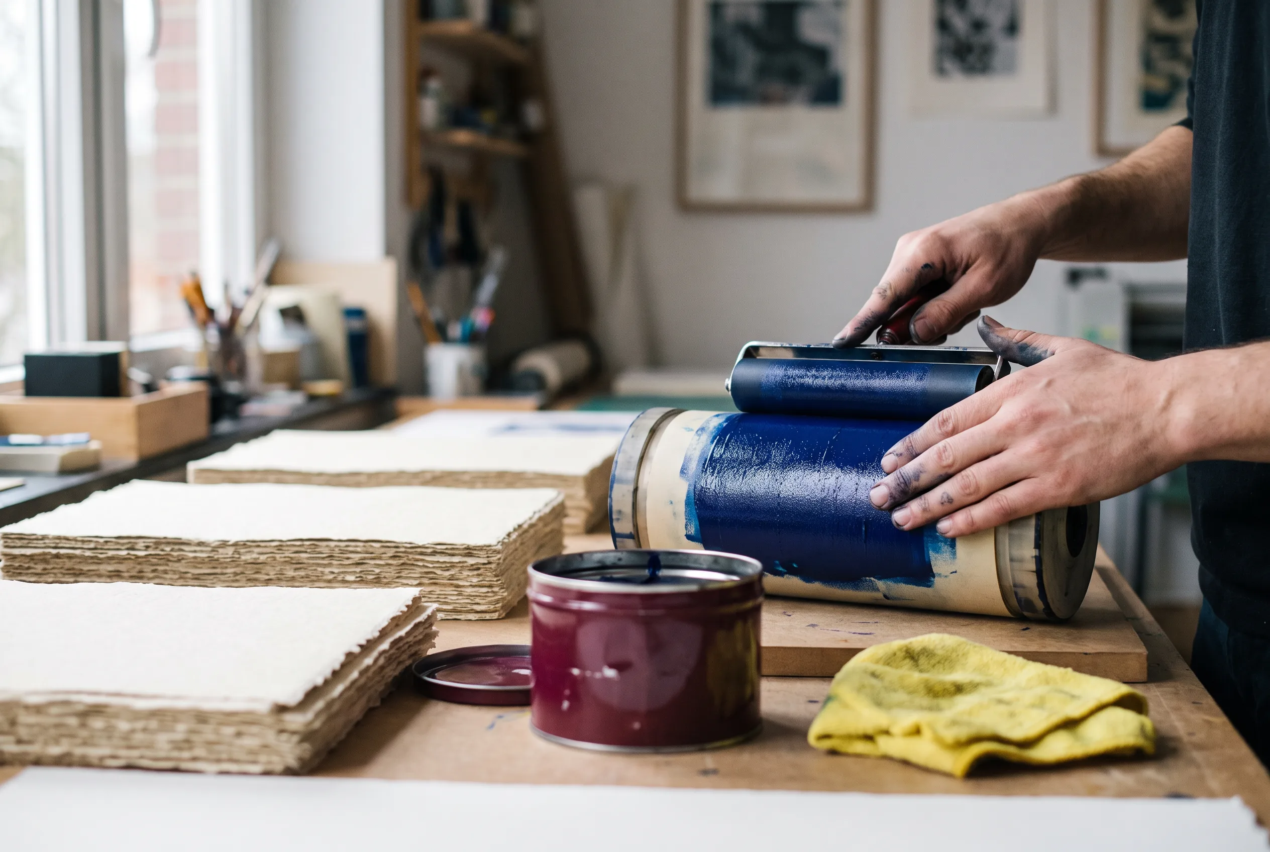 Inktbedekte handen rollen blauwe drukinkt op papier
