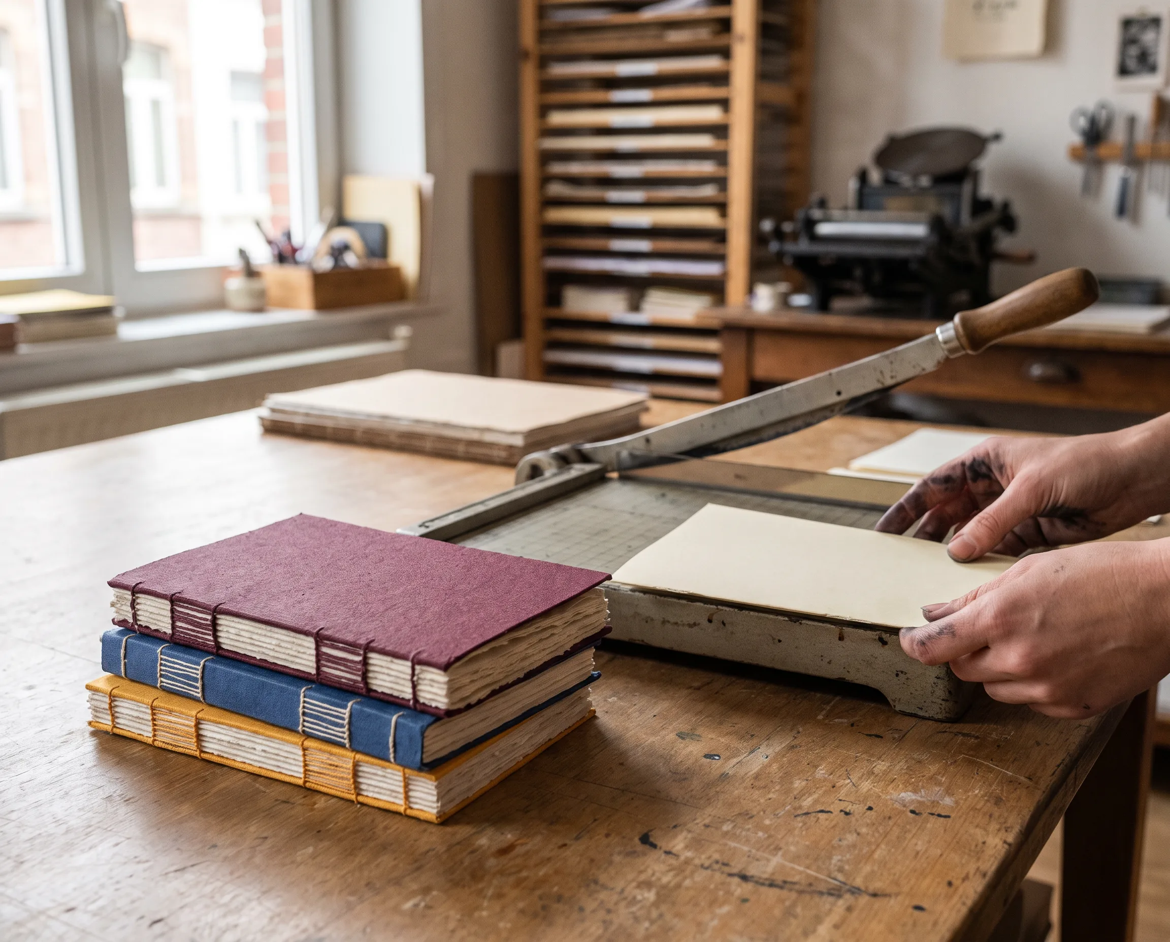 Stapeltje handgebonden zines naast een papiersnijder en inktbedekte handen