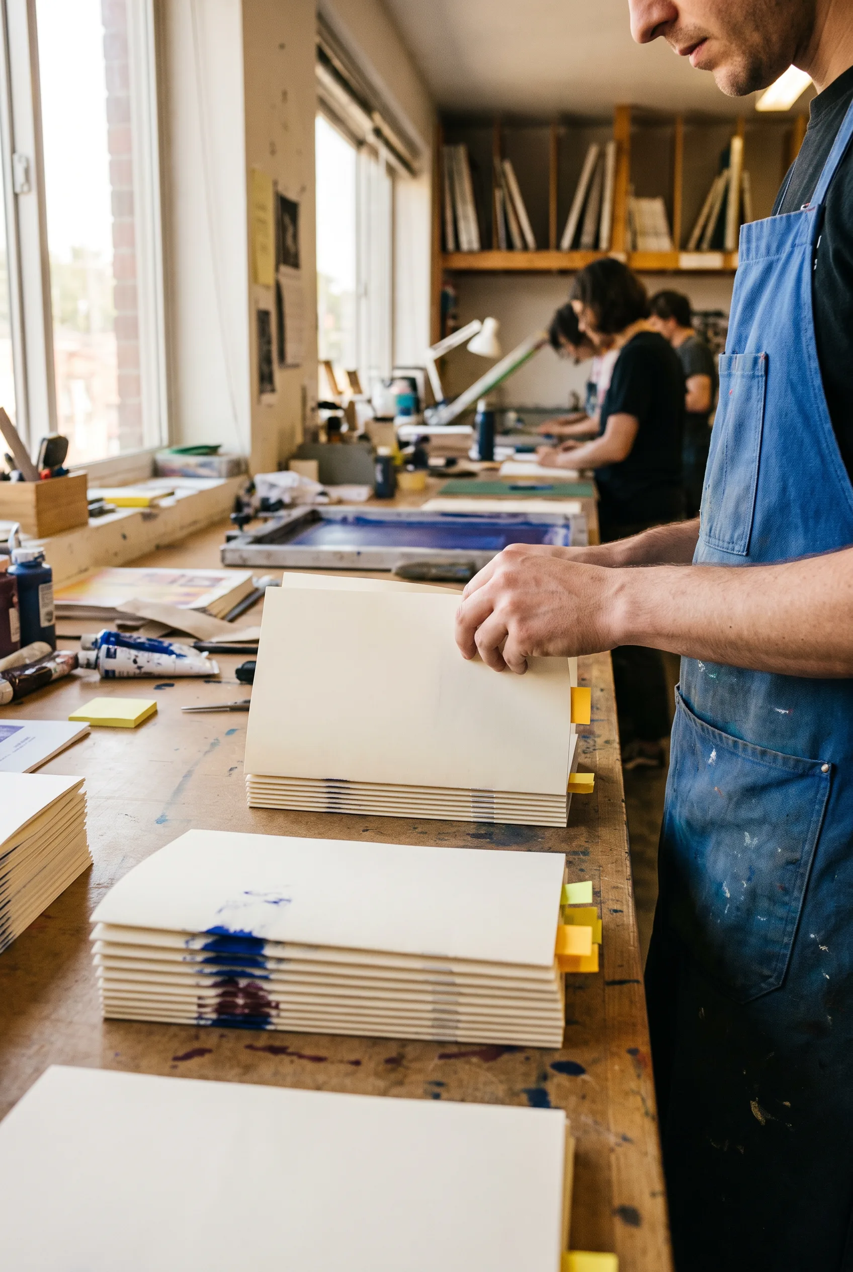 Maker vouwt blanco zines aan een houten werktafel