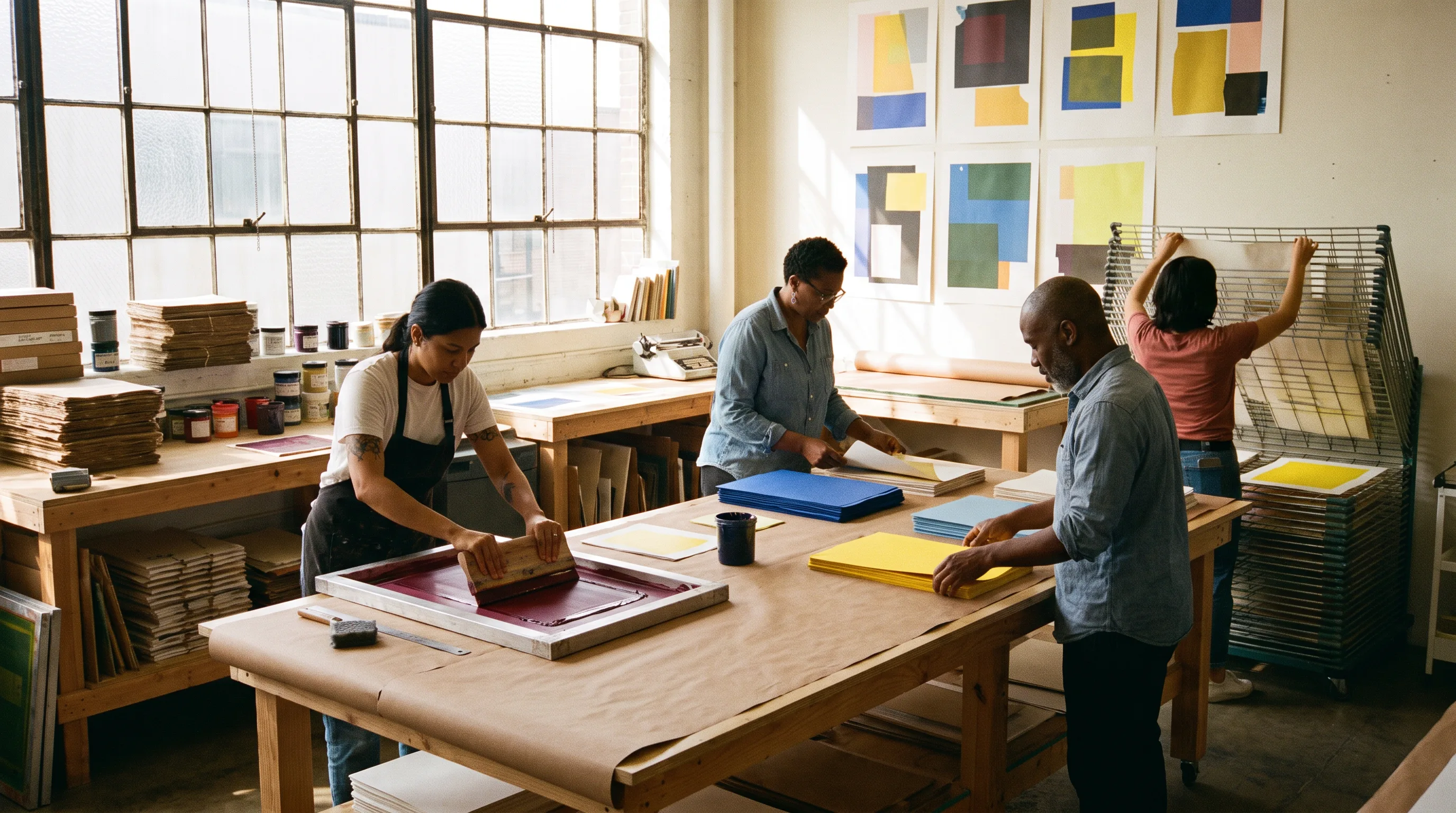 Groep makers aan tafels in een lichte drukstudio
