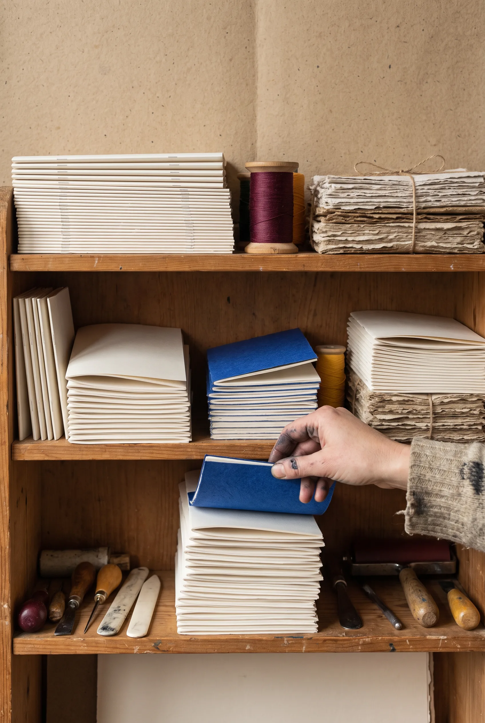 Hand pakt een gevouwen blauw zineboekje uit een studioschap
