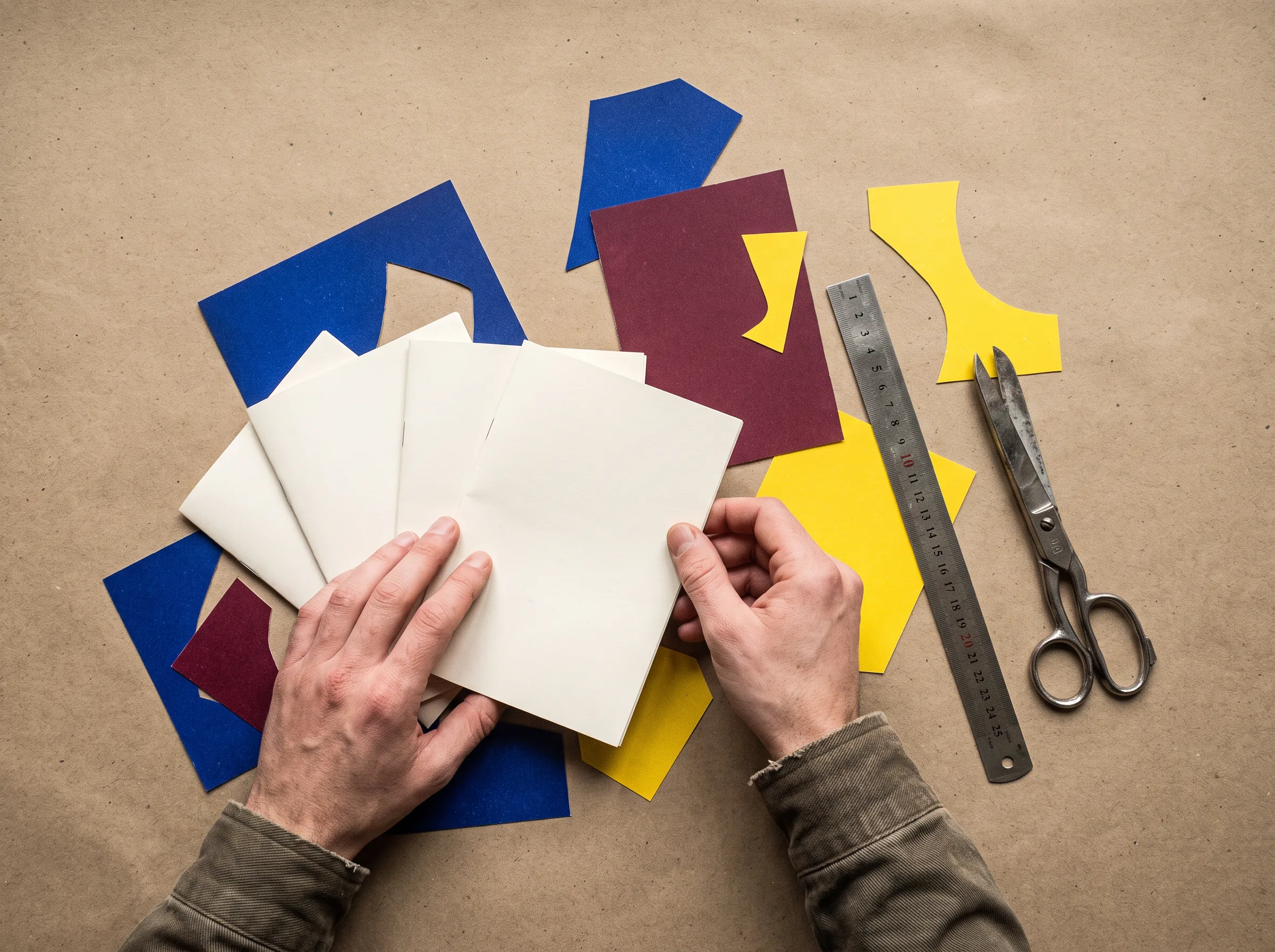 Handen schikken papierdummies en illustratievormen op een tafel