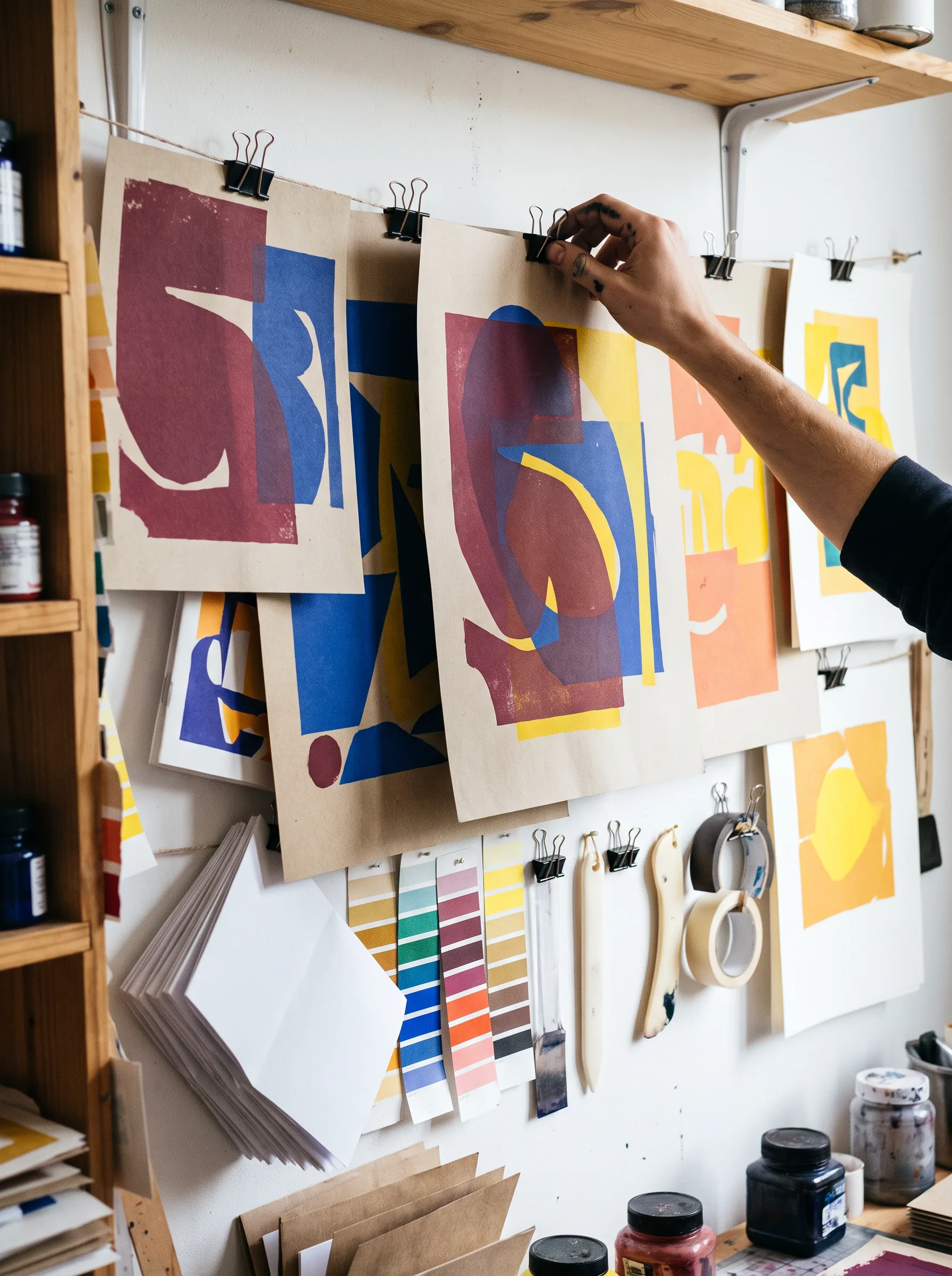 Hand hangt een abstracte kleurrijke zeefdruk aan een studiowand